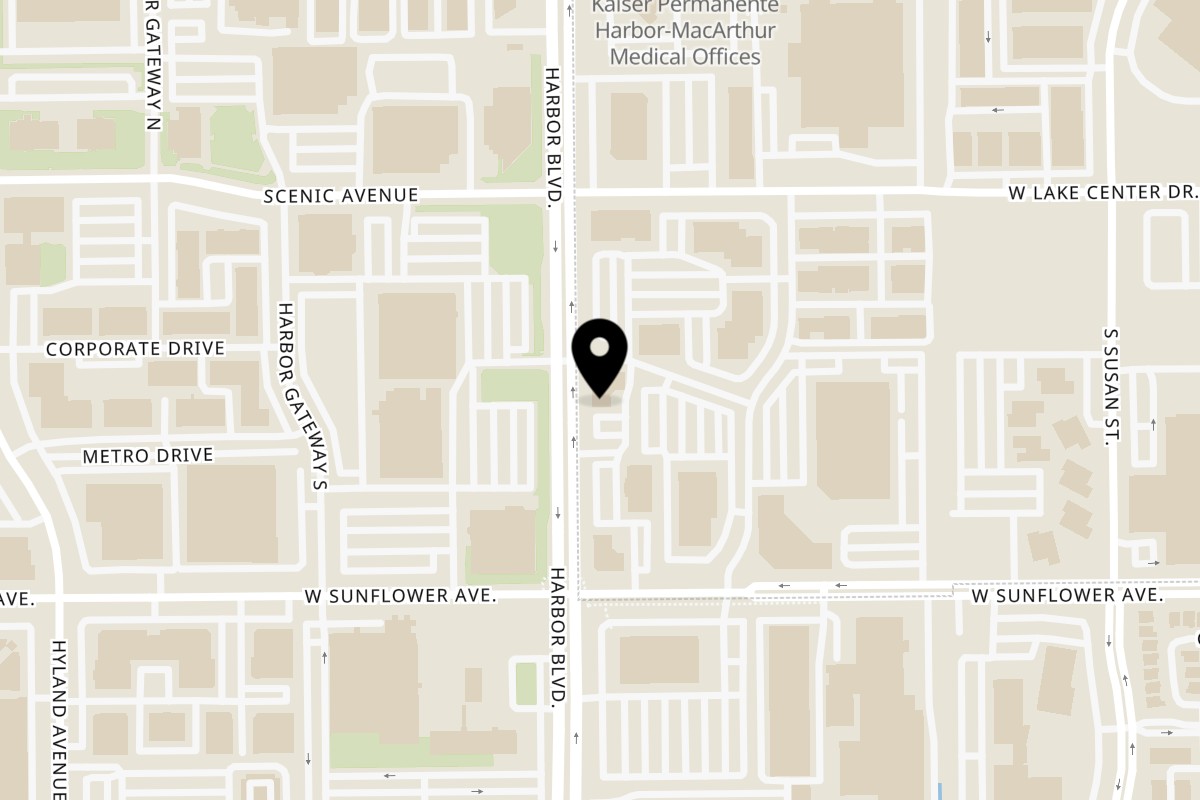 Map showing the location of Papa K's Mediterranean Kitchen on 3701 South Harbor Boulevard in Santa Ana